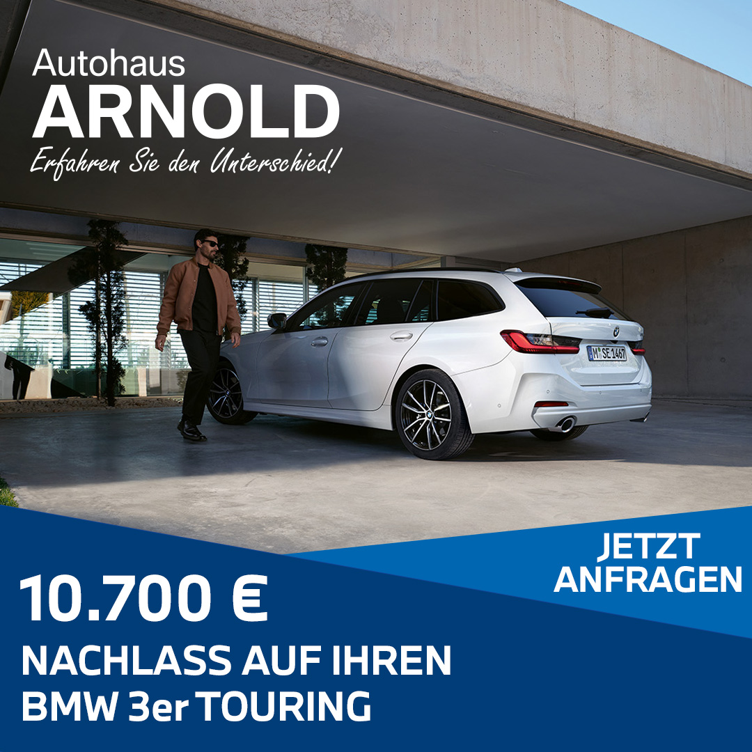 BMW 3er Touring in weiß als Aktionsangebot, untenstehender Text,10.700 Euro Nachlass auf Ihren BMW 3er Touring, jetzt anfragen