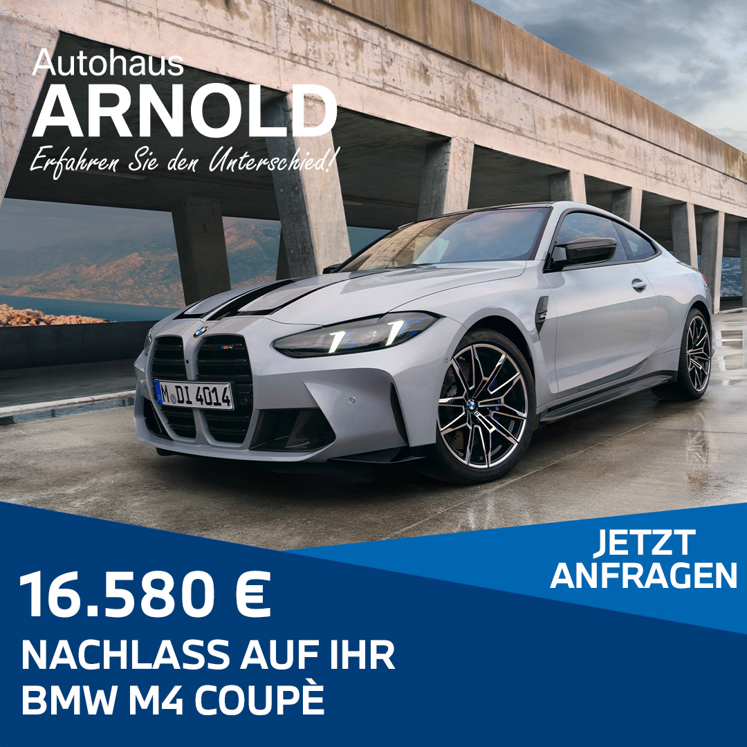 BMW M3 als Aktionsangebot, Text unter Bildmotiv, 16.580 Euro Nachlass auf Ihr BMW M4 Coupé