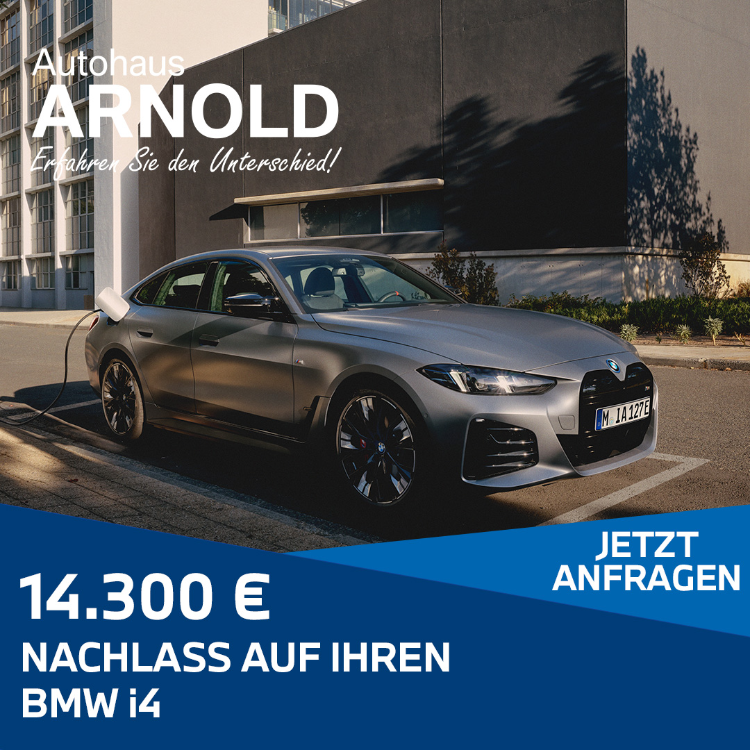 BMW i4 im Aktionsangebot, untenstehender Text, 14.300 Euro Nachlass auf Ihren BMW i4, jetzt anfragen