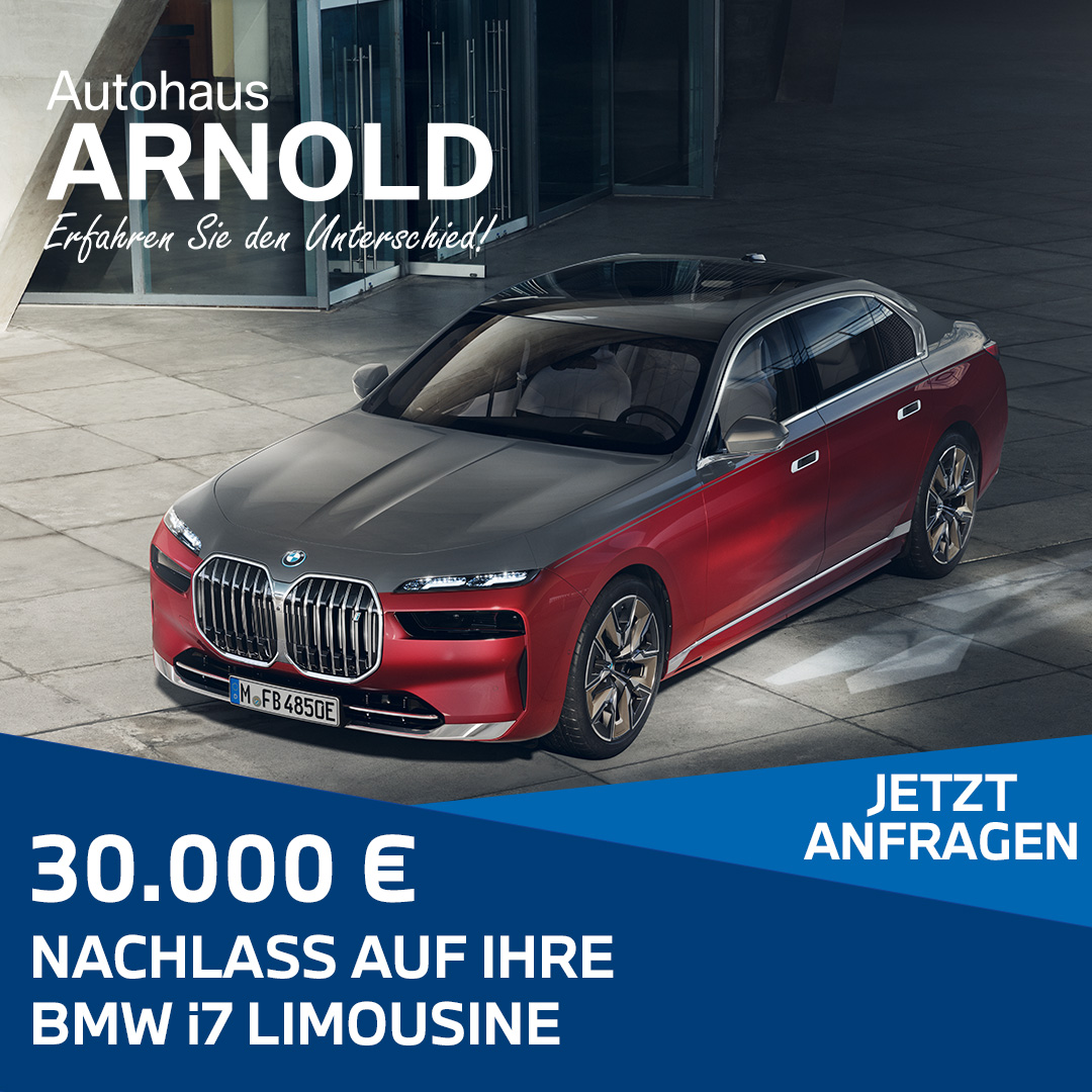 BMW i7 als Aktionsangebot, Text unter Motiv, 30.000 Euro Nachlass auf Ihre BMW i7 Limousine