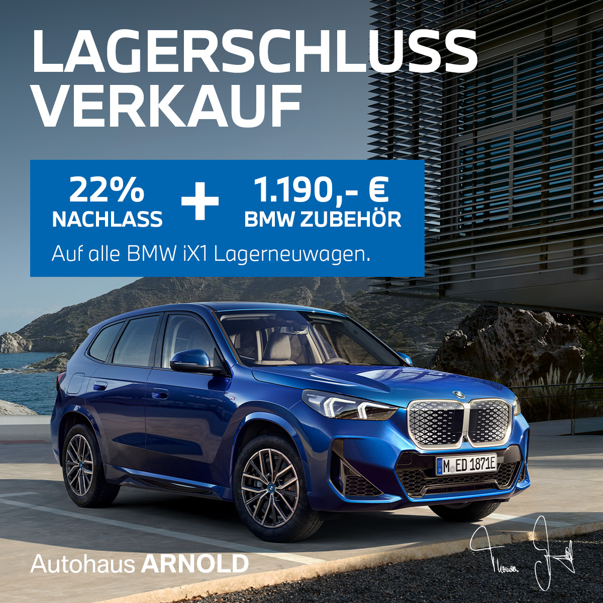BMW iX1 Lagerschlussverkauf. 25% Nachlass + 1.190 € BMW Zubehör