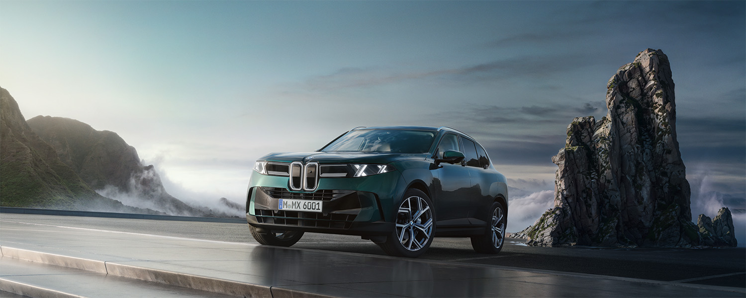 BMW X5 (G65) in Dunkelgrün abgestellt auf einem Plateau. Dramatischer Himmel im Hintergrund